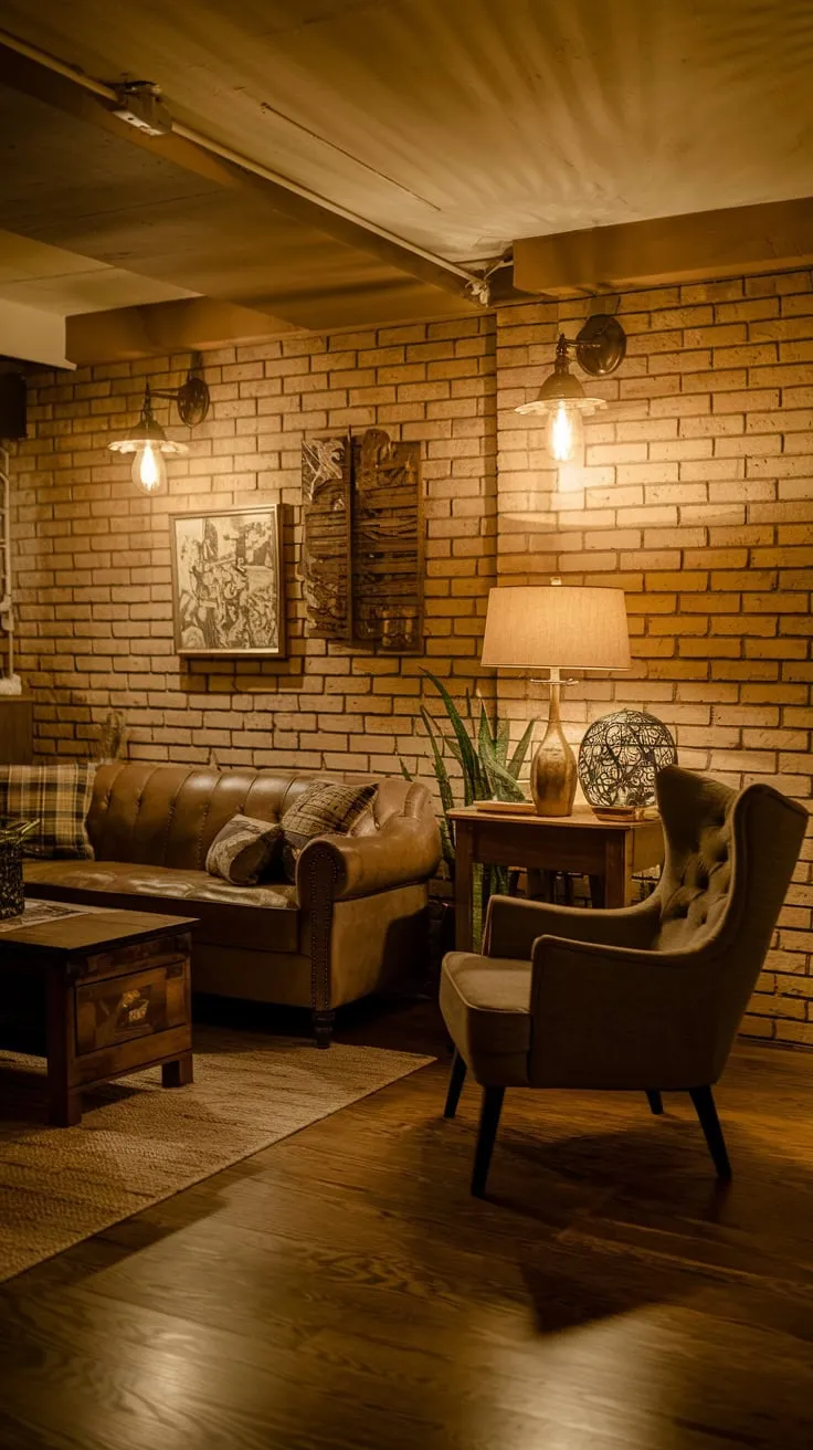 Cozy Vintage Basement Lounge with Warm Lighting Accents
