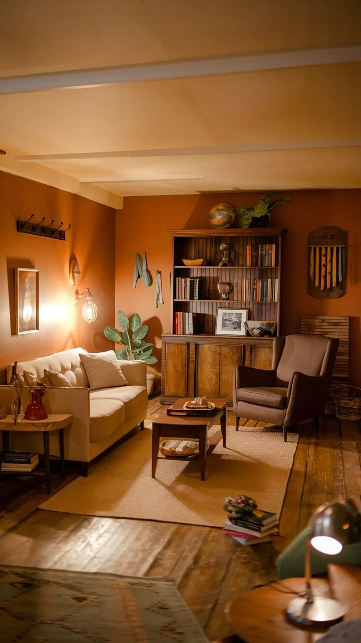 Cozy Vintage Basement Lounge with Warm Lighting