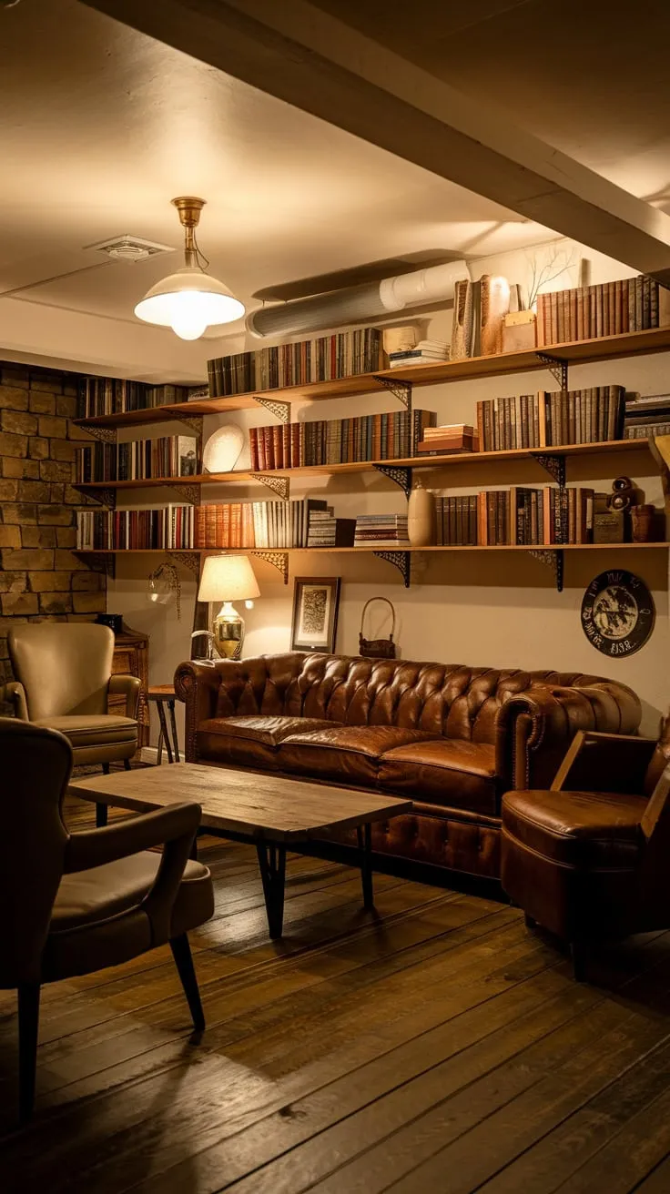 Cozy Vintage Basement Lounge with Warm Lighting Decor