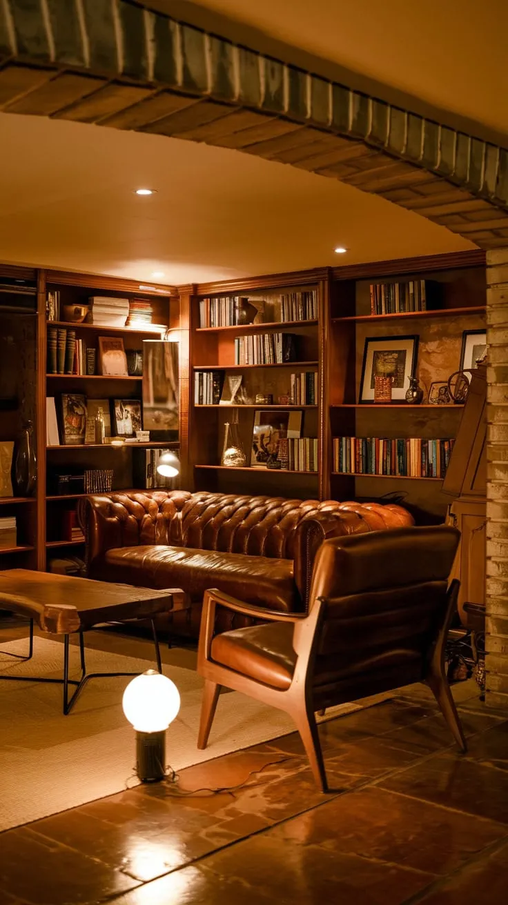 Cozy Vintage Basement Lounge with Warm Lighting Ambiance