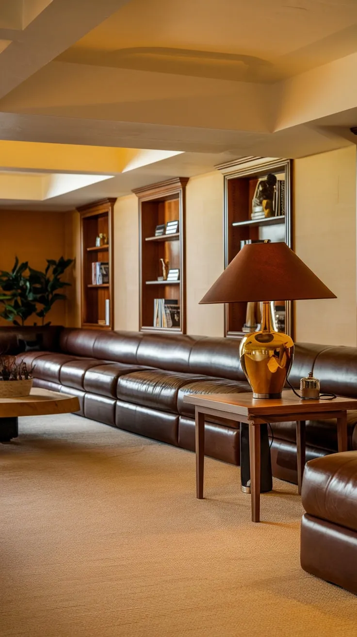 Cozy Basement Lounge with Warm Lighting and Comfort