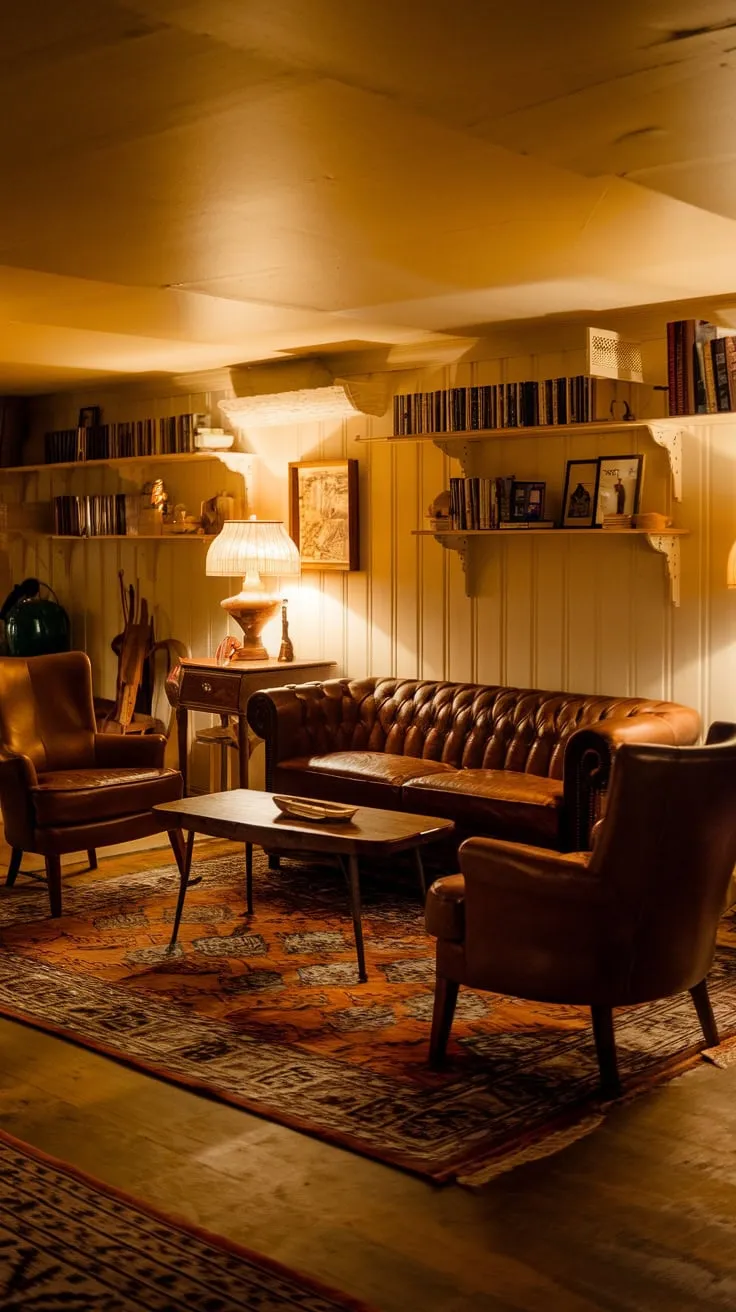 Cozy Vintage Basement Lounge with Warm Lighting Decor