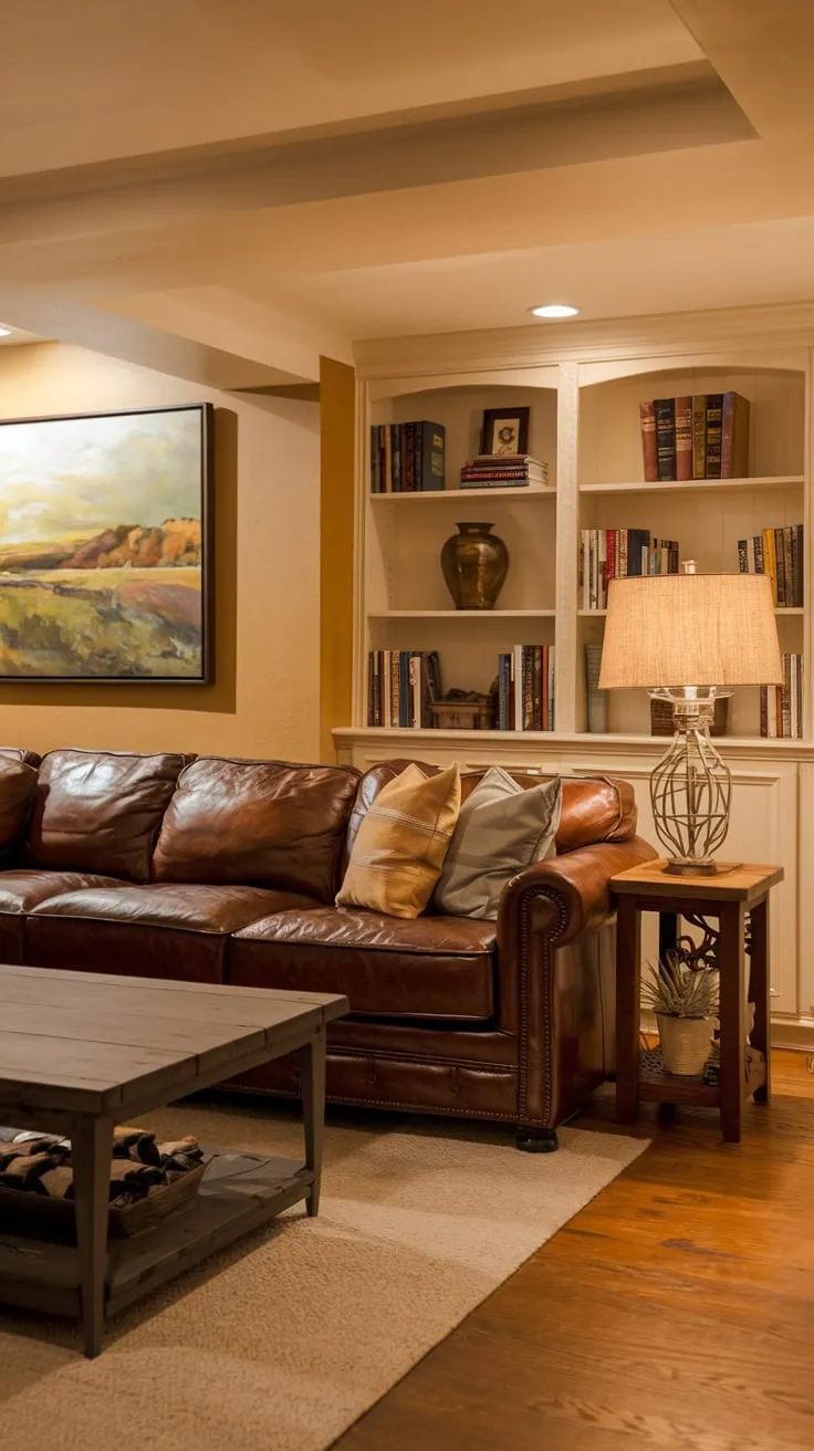 Cozy Basement Lounge with Leather Couch and Bookshelf