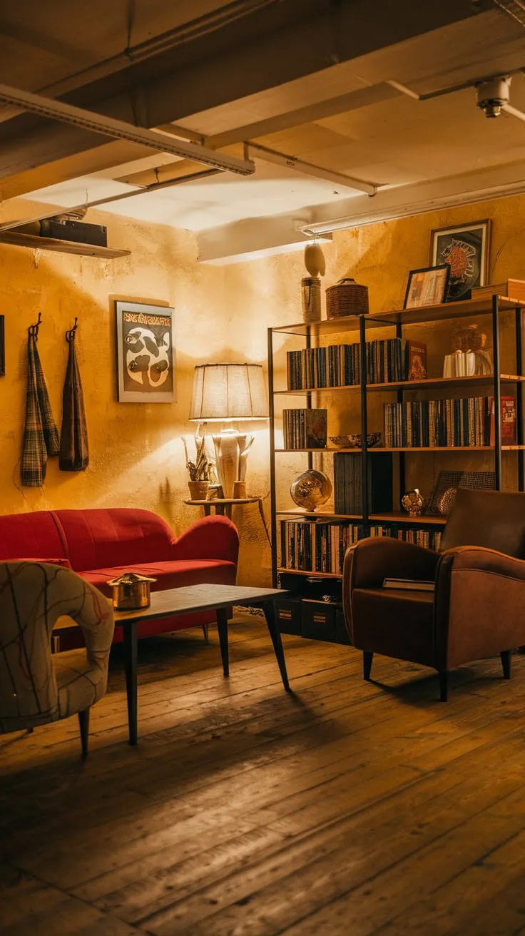 Cozy Vintage Basement Lounge with Warm Lighting Decor