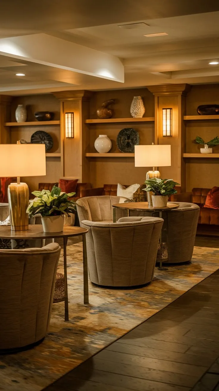 Cozy Basement Lounge with Plush Seating and Decor