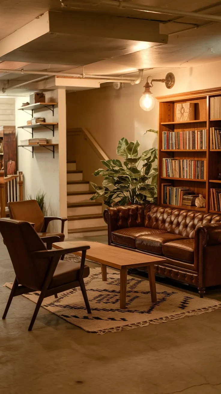 Cozy Basement Lounge with Leather Sofa and Bookshelf