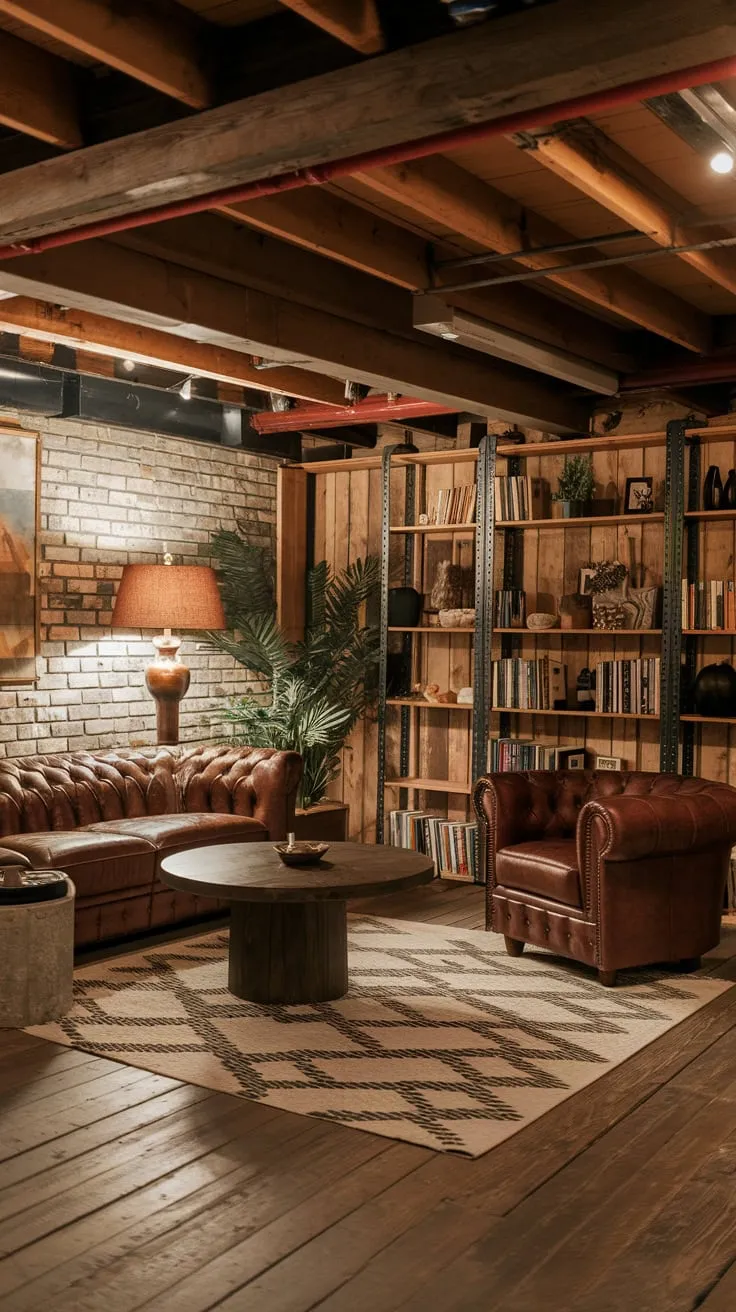 Cozy Rustic Basement Lounge with Warm Lighting