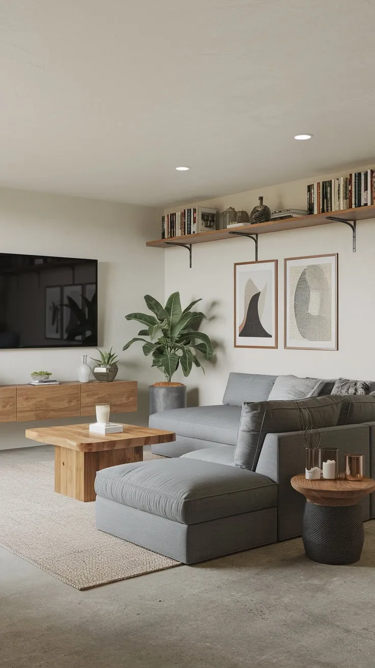 Stylish Modern Basement Man Cave with Cozy Decor