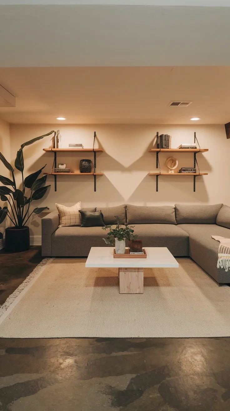 Stylish Modern Basement Man Cave with Cozy Decor