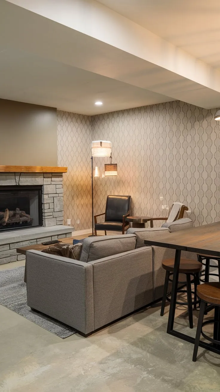 Stylish Modern Basement Man Cave with Cozy Features