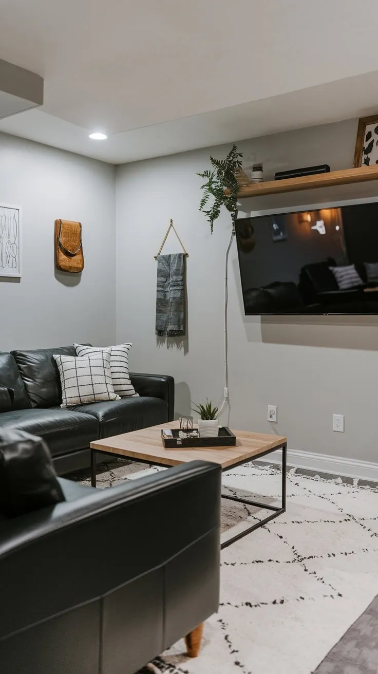 Stylish Modern Basement Man Cave with Cozy Decor