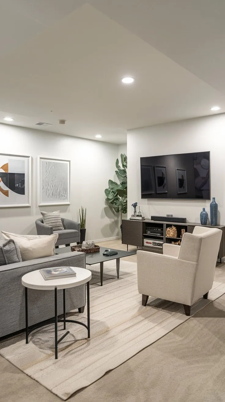Stylish Modern Basement Man Cave with Bright Lighting