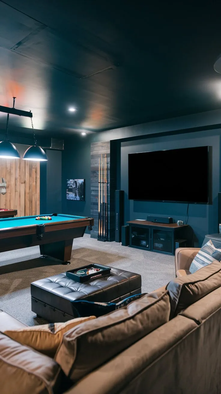 Stylish Basement Man Cave with Cinematic Entertainment Setup