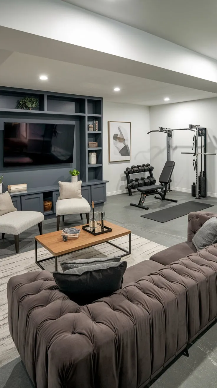 Stylish Modern Basement Man Cave with Gym Setup