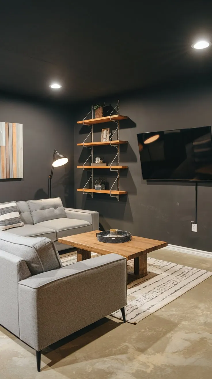 Stylish Modern Basement Man Cave with Gray Accents