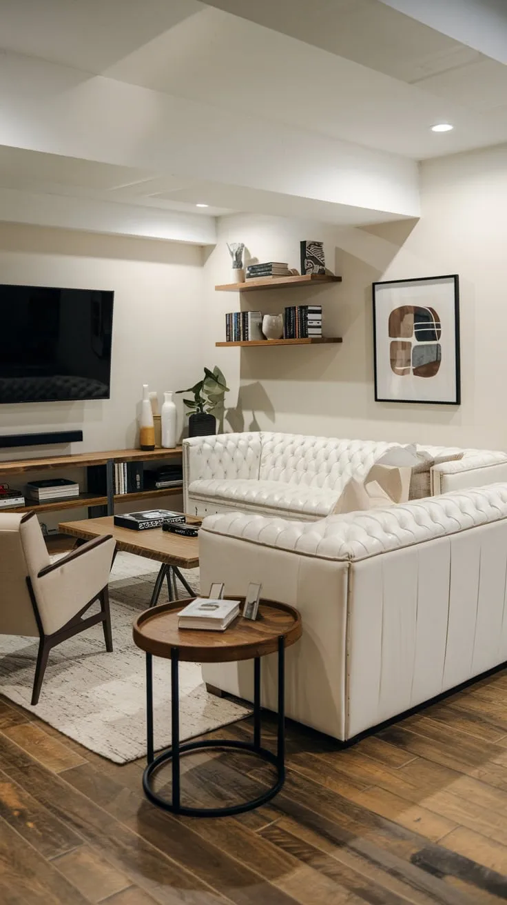 Stylish Modern Basement Man Cave with Cozy Decor