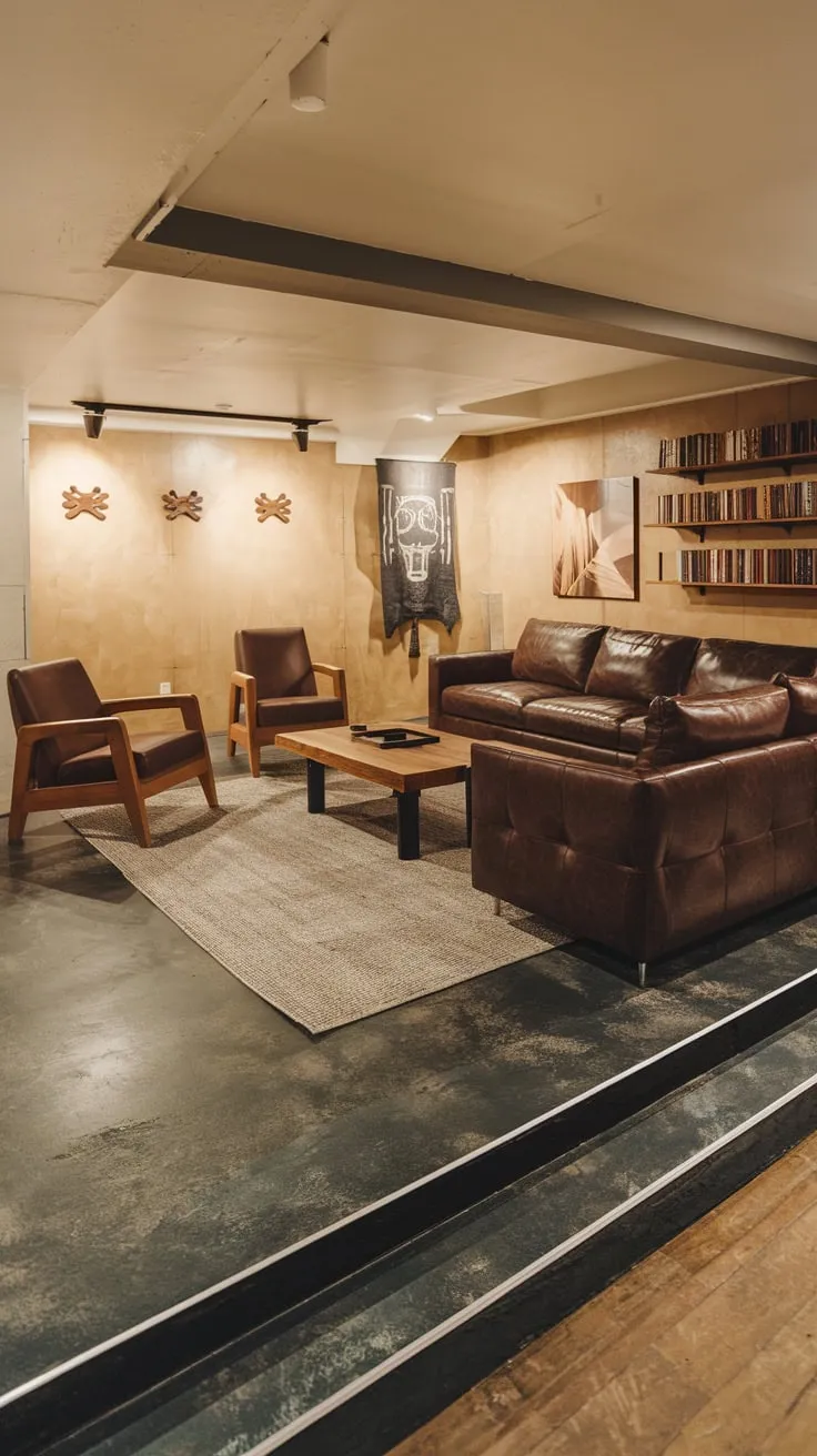 Stylish Modern Basement Man Cave with Cozy Ambiance
