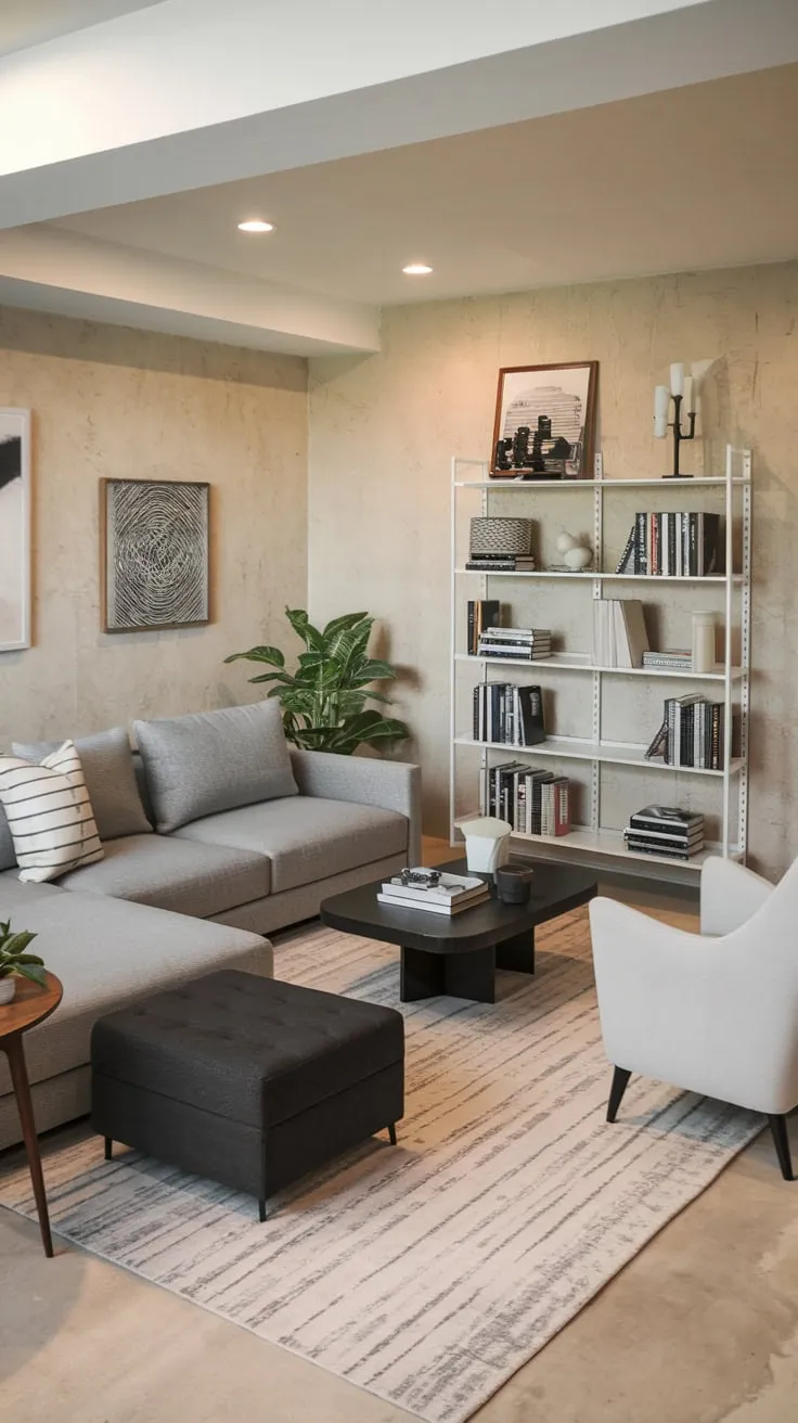 Stylish Basement Man Cave with Cozy Modern Decor