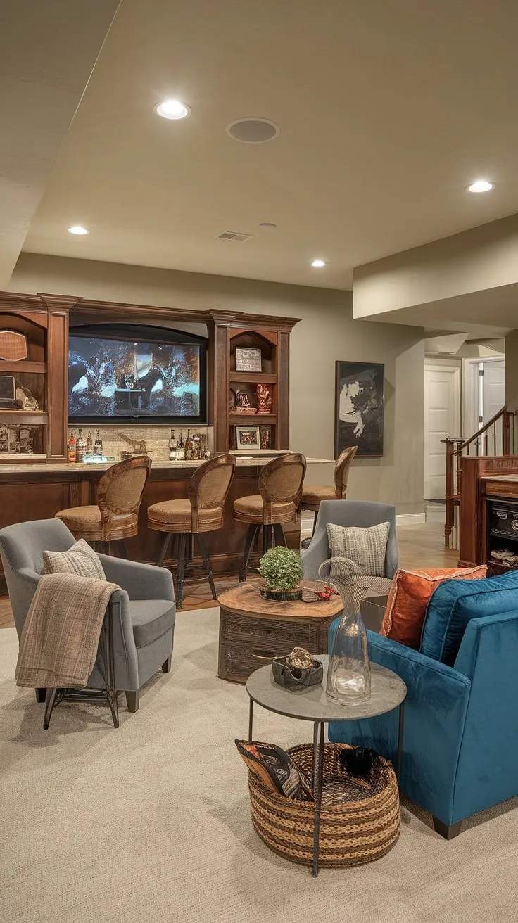 Escape the everyday in this meticulously designed basement man cave.  The ultimate personal sanctuary, it seamlessly blends a cozy retreat with a high-energy entertainment area.  From the fully stocked basement bar and immersive home theater to the dedicated game room and spacious recreational space, every detail—the basement furniture, basement accessories, and basement decor—contributes to the perfect chill zone. This basement renovation showcases innovative man cave ideas, transforming this basement lounge into a hobby room and relaxation space where gaming area fun meets sophisticated basement design. A truly themed man cave experience.