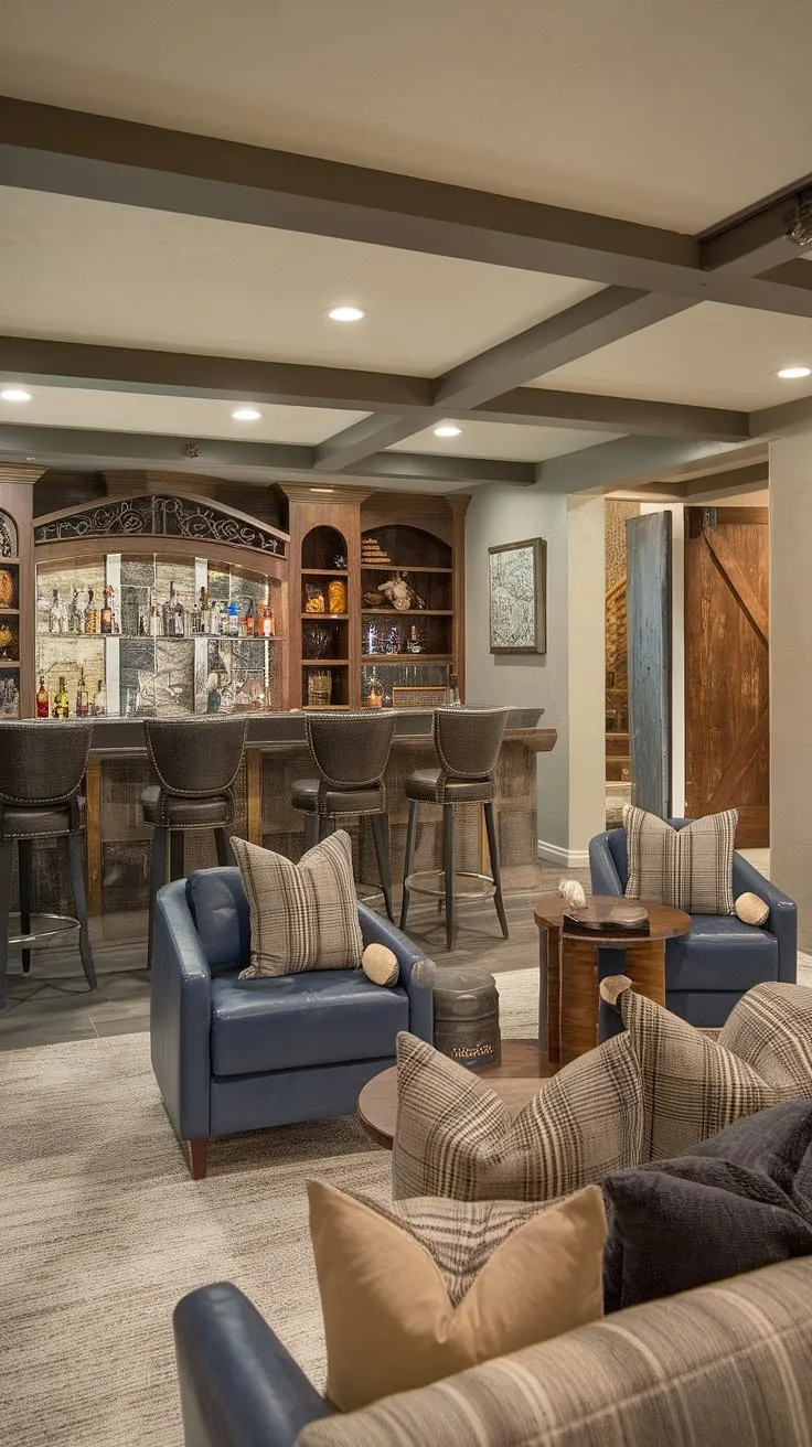 Escape the everyday in this meticulously designed basement man cave.  The ultimate personal sanctuary, it seamlessly blends a cozy retreat with a high-energy entertainment area.  From the fully stocked basement bar and immersive home theater to the dedicated game room and hobby room, every detail—including the thoughtful basement decor, basement furniture, and basement accessories—contributes to the perfect chill zone. This basement renovation showcases innovative man cave ideas and exemplifies exceptional basement design.