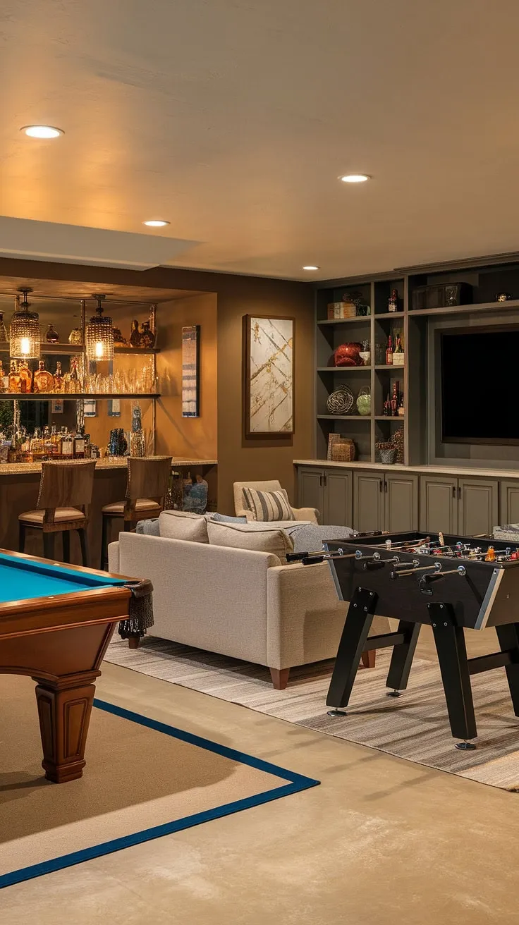 Escape to this incredible basement man cave, a personal sanctuary designed for relaxation and entertainment.  The basement design seamlessly blends a basement bar, home theater, and gaming area, creating a truly unique recreational space.  This cozy retreat features a pool table, foosball table, and comfortable seating, making it the perfect hobby room and chill zone.  Explore these man cave ideas for your own basement renovation, incorporating stylish basement furniture and basement accessories.  The perfect blend of entertainment area and relaxation space.