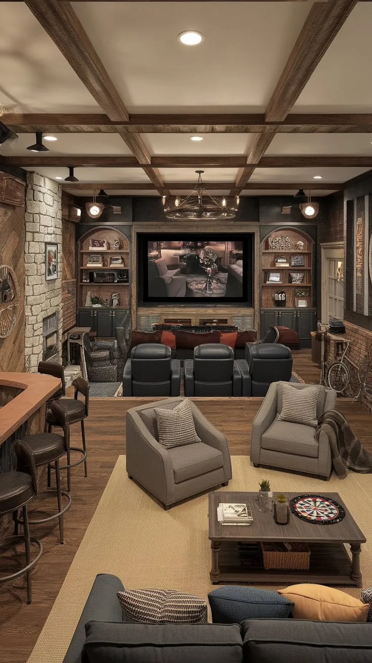 Escape to your own private world in this meticulously designed basement man cave.  This recreational space boasts a basement bar perfect for entertaining, a captivating home theater for movie nights, and a dedicated gaming area for friendly competition.  The chill zone, complete with comfortable seating, offers a perfect balance between relaxation and entertainment.  This basement lounge, with its thoughtful basement decor and basement furniture, is the epitome of a cozy retreat, showcasing innovative basement renovation and man cave ideas.  The addition of a hobby room completes this personal sanctuary.