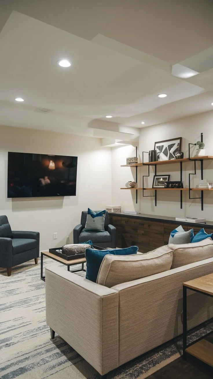 Stylish Modern Basement Man Cave with Cozy Comfort