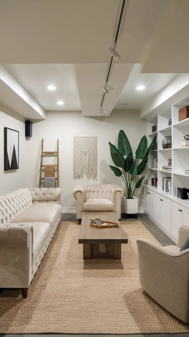 Stylish Modern Basement Man Cave with Cozy Decor