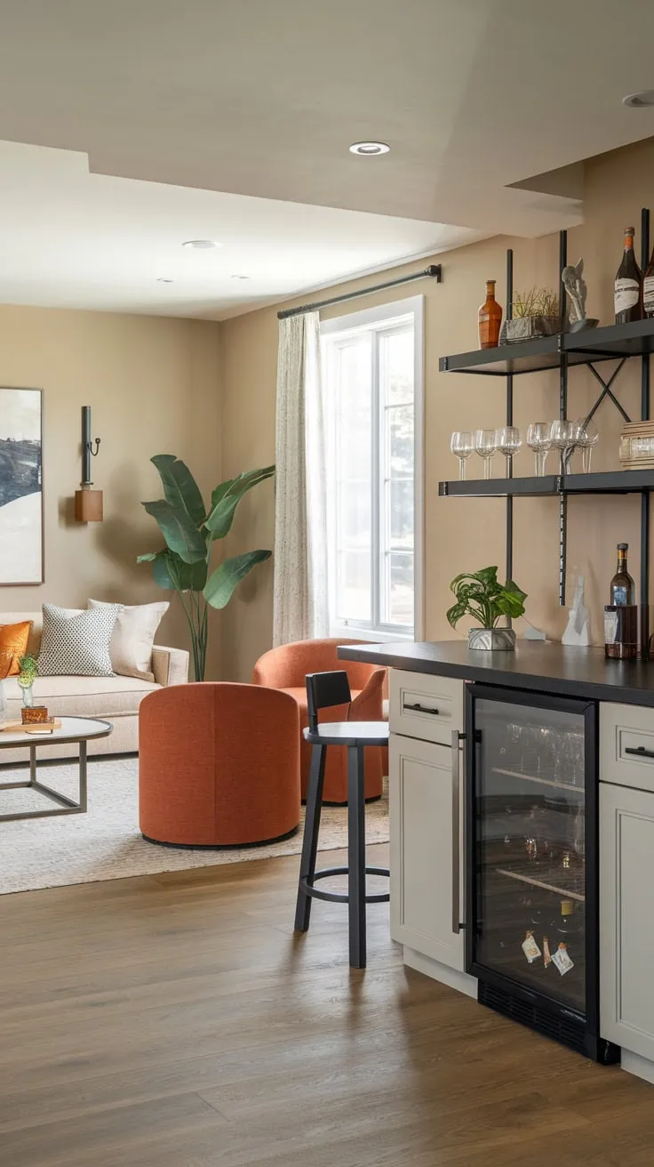 Stylish Modern Basement Man Cave with Cozy Bar