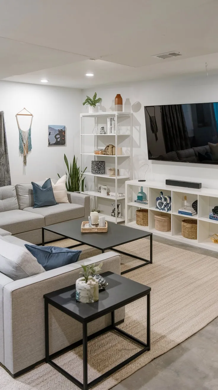 Stylish Modern Basement Man Cave with Cozy Decor