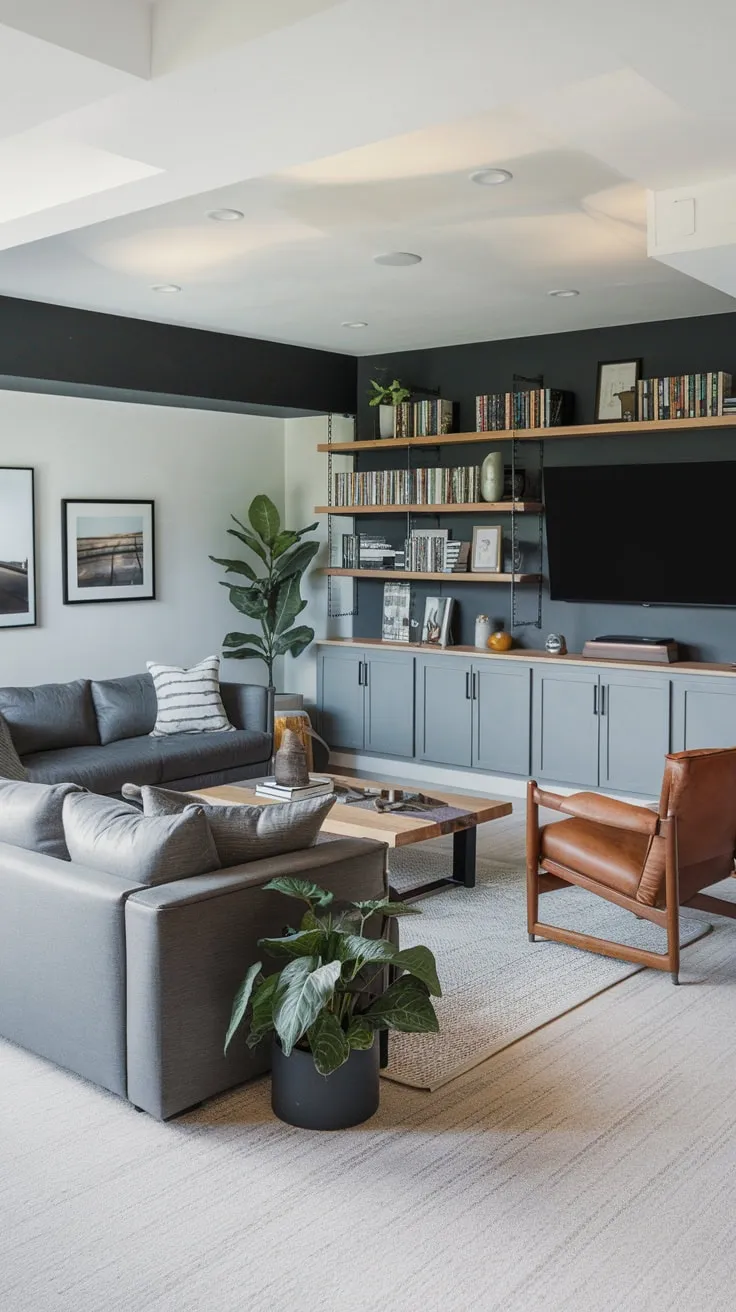 Stylish Modern Basement Man Cave with Cozy Comfort
