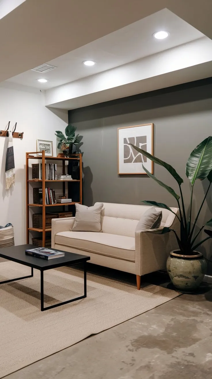 Stylish Modern Basement Man Cave with Cozy Decor