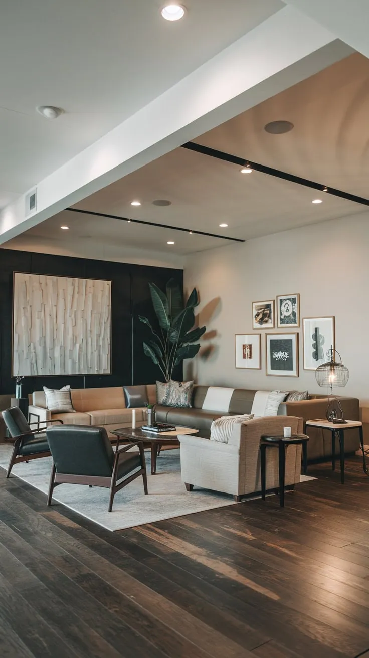 Stylish Modern Basement Man Cave with Artistic Touches