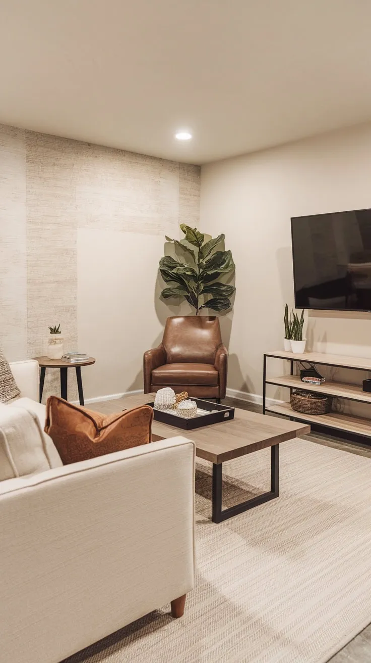 Stylish Modern Basement Man Cave with Cozy Decor