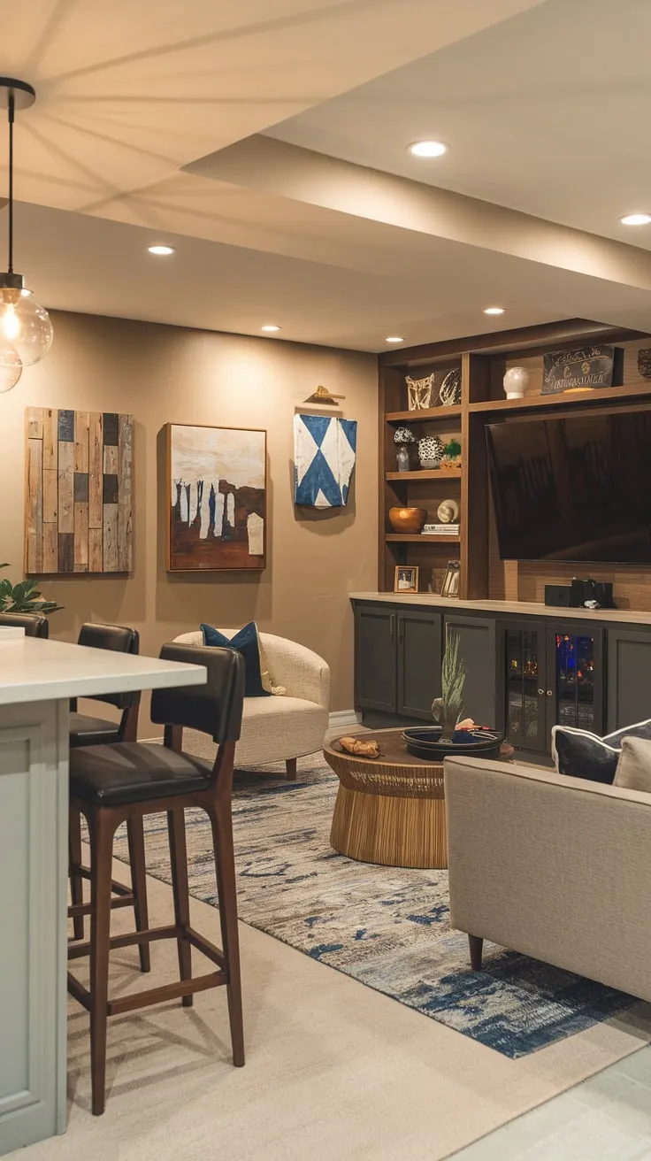 Stylish Modern Basement Man Cave with Cozy Amenities