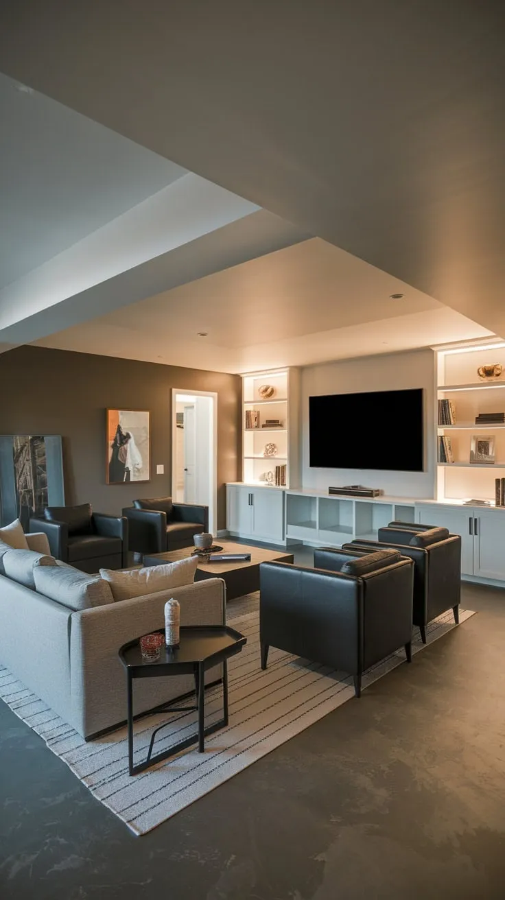 Stylish Modern Basement Man Cave with Cozy Ambiance