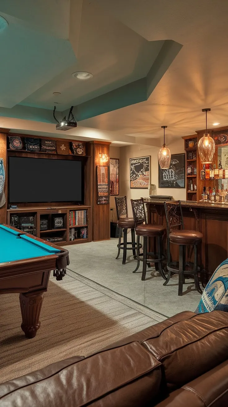 Escape the everyday in this meticulously designed basement man cave.  This basement lounge is more than just a gaming area; it's a complete entertainment area, featuring a home theater, basement bar, and pool table.  The cozy retreat atmosphere, achieved through thoughtful basement decor and carefully selected basement furniture and accessories, makes it the perfect personal sanctuary and relaxation space.  This basement renovation is a masterclass in basement design, showcasing creative man cave ideas for a truly unique recreational space and chill zone.