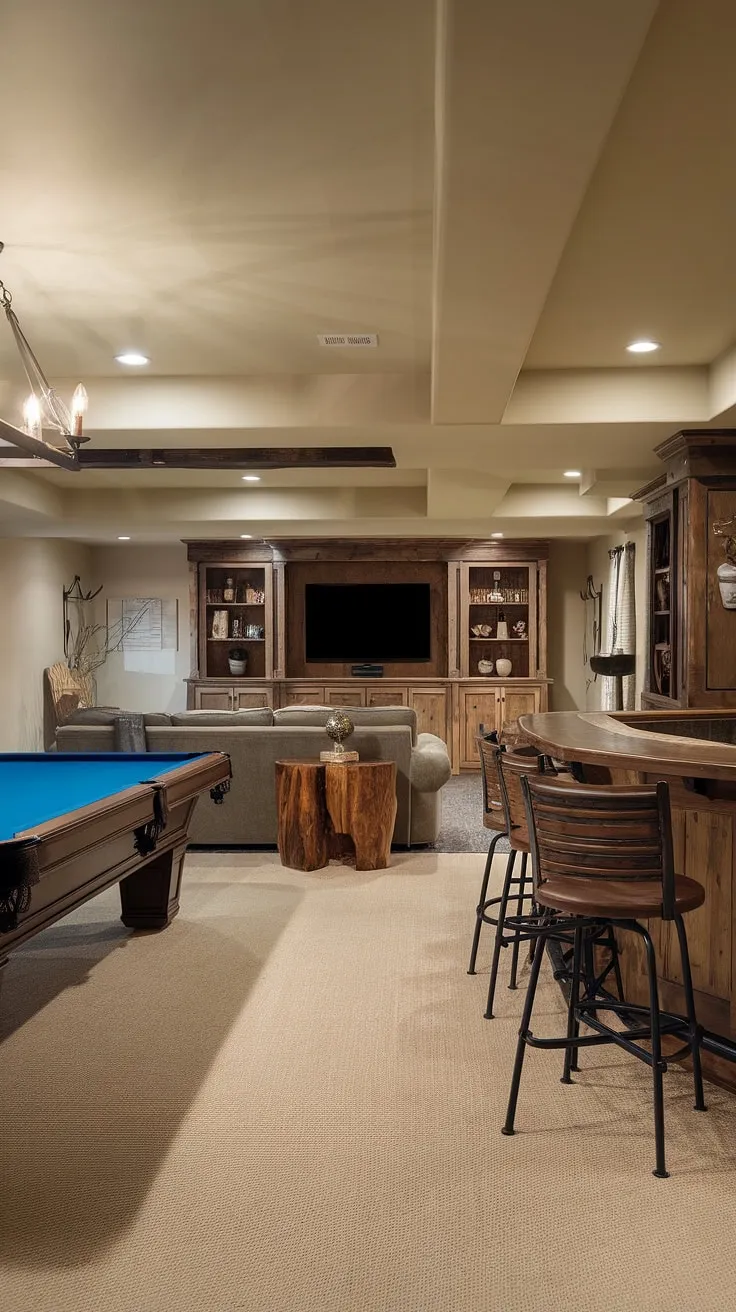 This basement design is the ultimate personal sanctuary: a themed man cave combining a basement bar, home theater, and gaming area into one incredible recreational space.  The cozy retreat features rustic basement furniture and carefully selected basement accessories, creating a perfect chill zone and relaxation space.  From the pool table in the game room to the comfortable seating around the basement bar, this basement renovation offers endless entertainment.  Explore these man cave ideas for your own basement lounge and hobby room, transforming your basement into a captivating entertainment area.