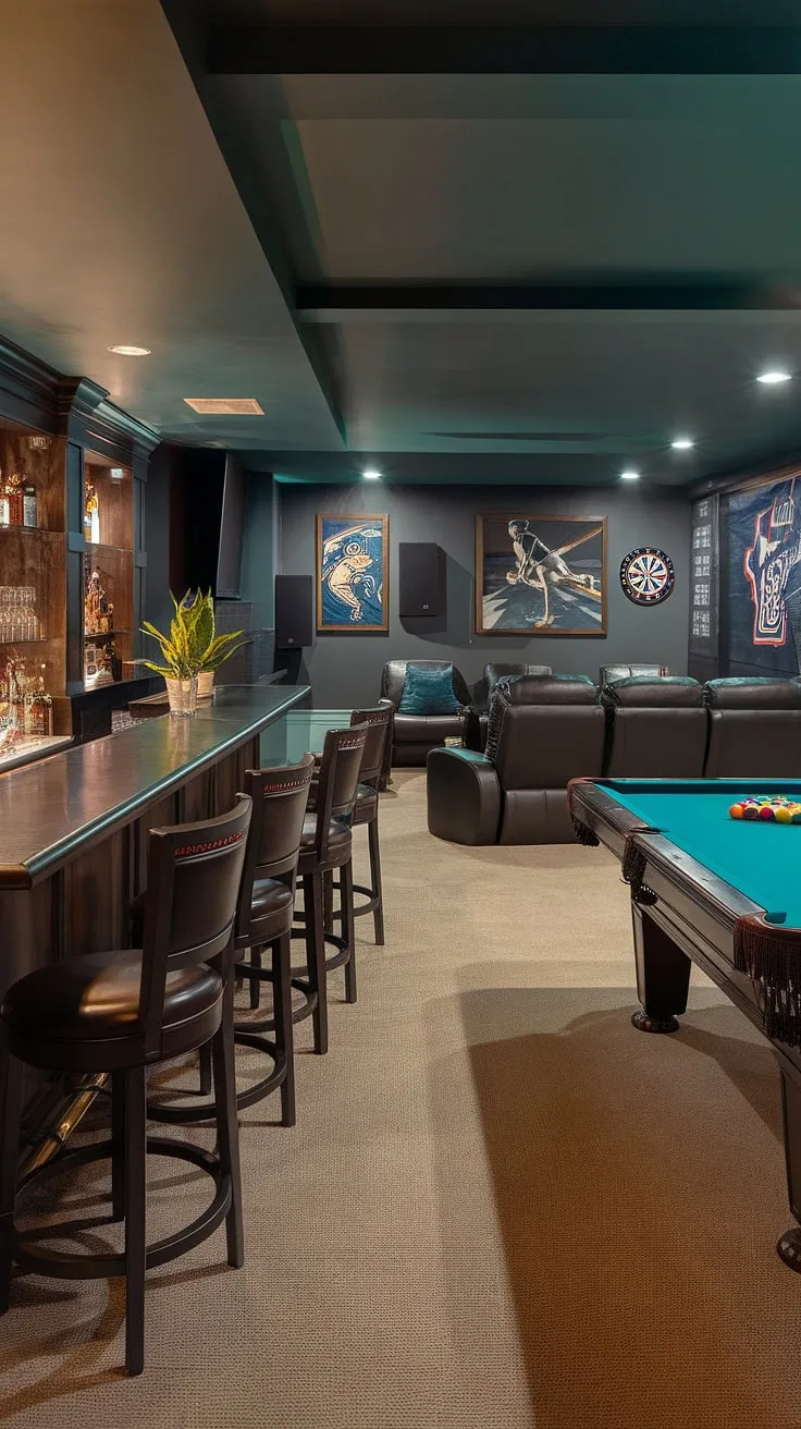 Escape the everyday in this ultimate basement man cave.  This recreational space boasts a fully stocked basement bar, a captivating home theater for movie nights, and a vibrant game room complete with a pool table and gaming area – the perfect blend of cozy retreat and entertainment area.  Expert basement design and carefully chosen basement furniture and accessories create a personal sanctuary where relaxation and hobbies reign supreme. This basement renovation is a masterclass in man cave ideas, transforming a simple basement into a themed man cave, a chill zone, and a truly unique hobby room.
