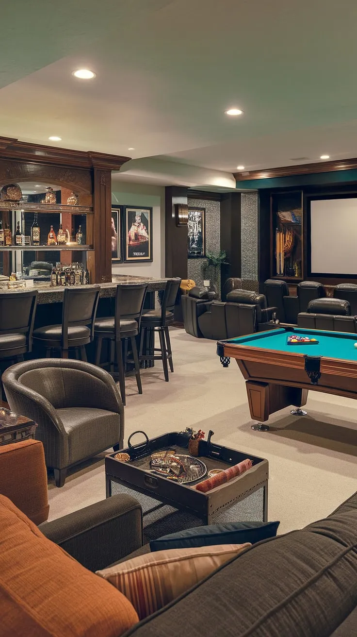 This basement renovation transformed a forgotten space into the ultimate man cave: a personal sanctuary boasting a basement bar, home theater, game room, and cozy retreat all in one.  Perfect man cave ideas for the ultimate entertainment area, this basement lounge offers a chill zone for relaxation and recreation, complete with comfortable basement furniture and themed man cave accessories. The gaming area, with its pool table and dartboard, adds to the recreational space, while the basement design ensures a functional and stylish hobby room.