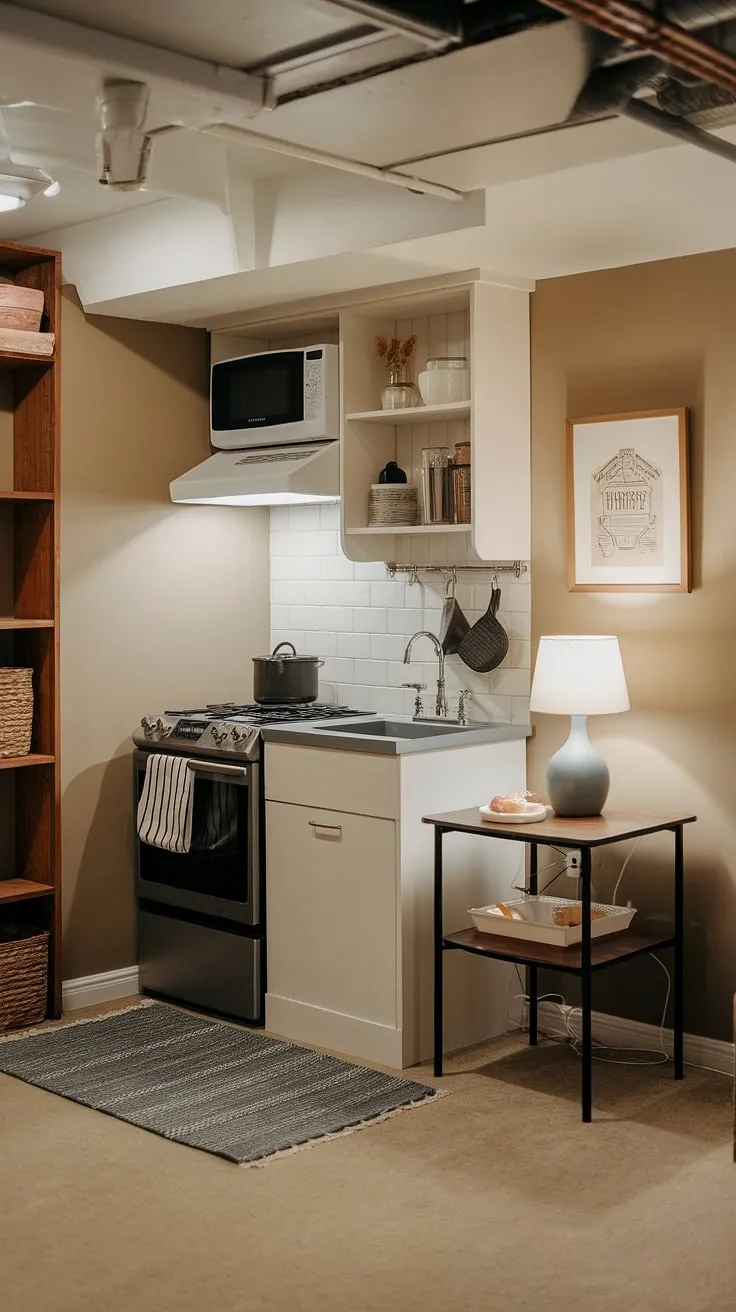 Transform your basement into a haven with this charming basement mini kitchen. Ideal for a master suite kitchenette, hotel room kitchenette design, or even a home office kitchenette, this mini kitchen showcases how to create a functional space in mini kitchens small spaces, even a living room kitchenette or kitchenette bathroom combo.