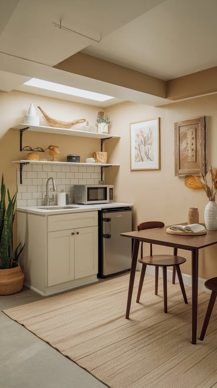 Transform your basement into a stylish kitchenette guest suite with this charming basement mini kitchen. Small space kitchenette solutions like this are ideal for hotel room kitchenette design, home office kitchenettes, or even a living room kitchenette. Consider this inspiration for your next kitchenette bathroom combo project.