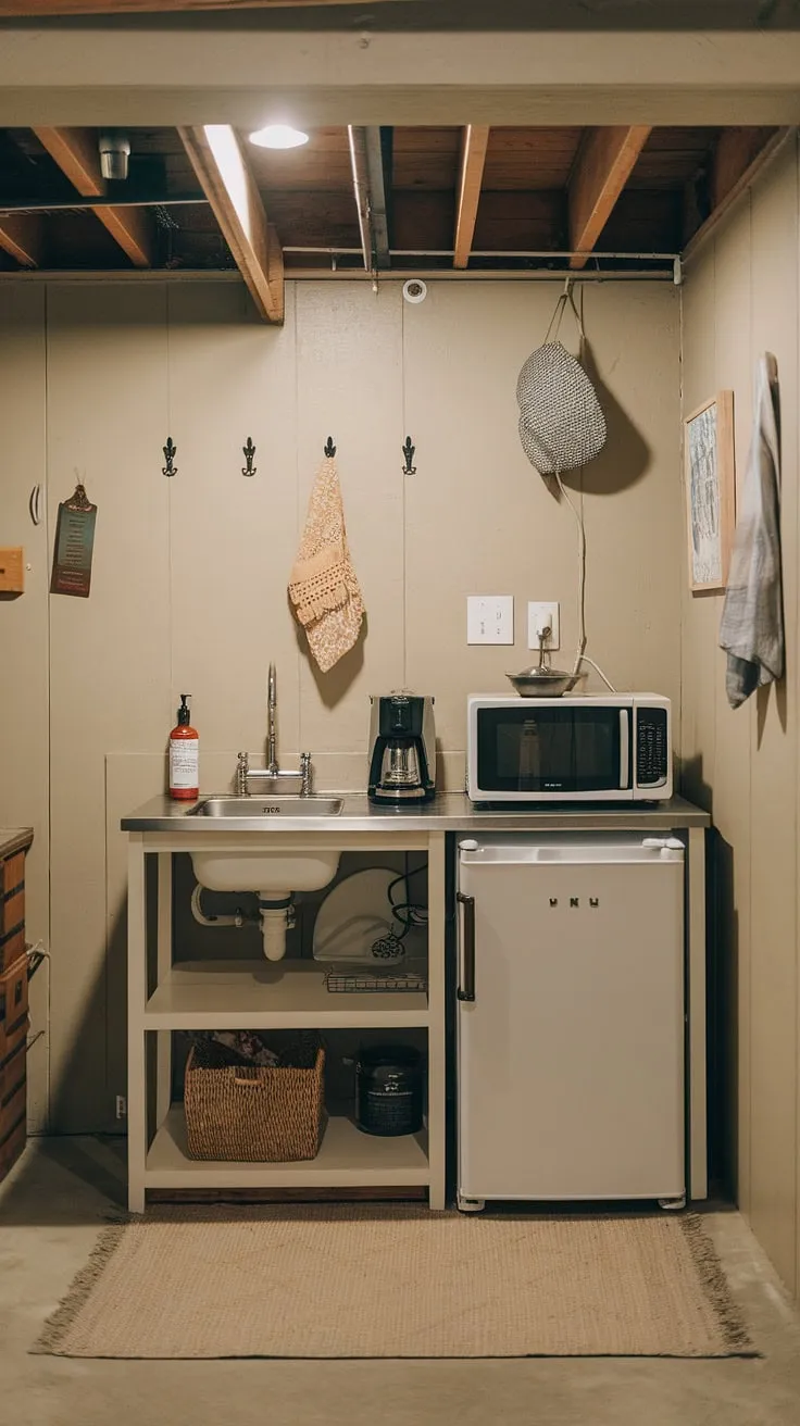 This cozy basement mini kitchen proves that even small spaces can be functional and stylish. Perfect for a kitchenette guest suite, this design offers efficient use of space with a mini fridge, microwave, and sink. Consider this for small kitchen studio ideas, a master suite kitchenette, or even a home office kitchenette. The beige walls and rug create a calming atmosphere, making it ideal for a hotel room kitchenette design or a living room kitchenette. This is a prime example of how to maximize space in mini kitchens small spaces and small space kitchenettes.