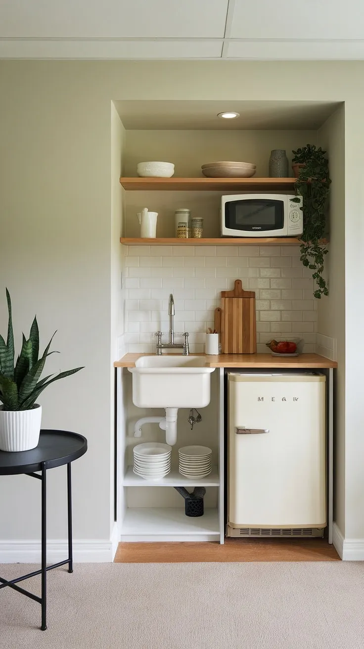 This cleverly designed home office kitchenette proves that even a basement can accommodate a functional mini kitchen. The small space is maximized with a compact refrigerator, microwave, and sink, making it perfect for small kitchen studio ideas or a kitchenette guest suite. The addition of a small table and plant softens the space, offering inspiration for hotel room kitchenette design and master suite kitchenette options. This setup demonstrates how mini kitchens small spaces can be stylish and practical, even surpassing expectations for a kitchenette bathroom combo or living room kitchenette.