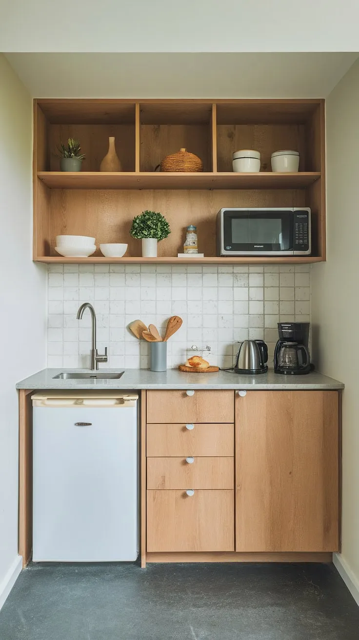 Transform your basement into a stylish and functional space with this basement mini kitchen. This small kitchen studio ideas showcase a compact kitchenette bathroom combo, proving that even the smallest areas can be maximized. The design is versatile enough for a kitchenette guest suite, a master suite kitchenette with microwave and coffee maker, or a hotel room kitchenette design. Consider the practicality of a home office kitchenette with mini-refrigerator and cabinets, or a living room kitchenette with microwave and coffee maker for ultimate convenience. This mini kitchens small spaces solution, including a small space kitchenette with toaster and coffee maker, is the epitome of efficient living.