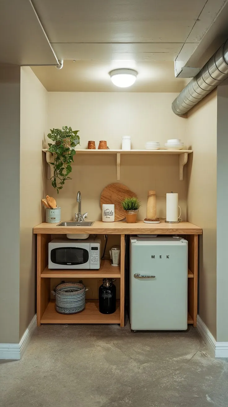 This efficient small space kitchenette is a testament to the possibilities of mini kitchens in small spaces. Ideal for a basement mini kitchen, kitchenette guest suite, or master suite kitchenette, this design cleverly integrates a sink, refrigerator, and microwave within a limited footprint. Consider this setup for small kitchen studio ideas, hotel room kitchenette design, or even a home office kitchenette. The neutral beige walls and concrete floor create a clean, modern aesthetic, while the wooden countertop and potted plant add warmth and personality. Even a kitchenette bathroom combo could draw inspiration from this space-saving and stylish small space kitchenette.