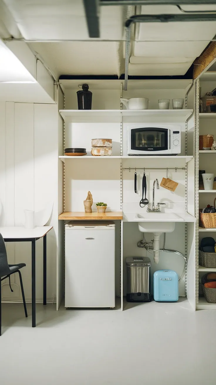 This cozy basement mini kitchen proves that even mini kitchens in small spaces can be stylish and functional. Think kitchenette bathroom combo, master suite kitchenette, or hotel room kitchenette design inspiration – the possibilities are endless!