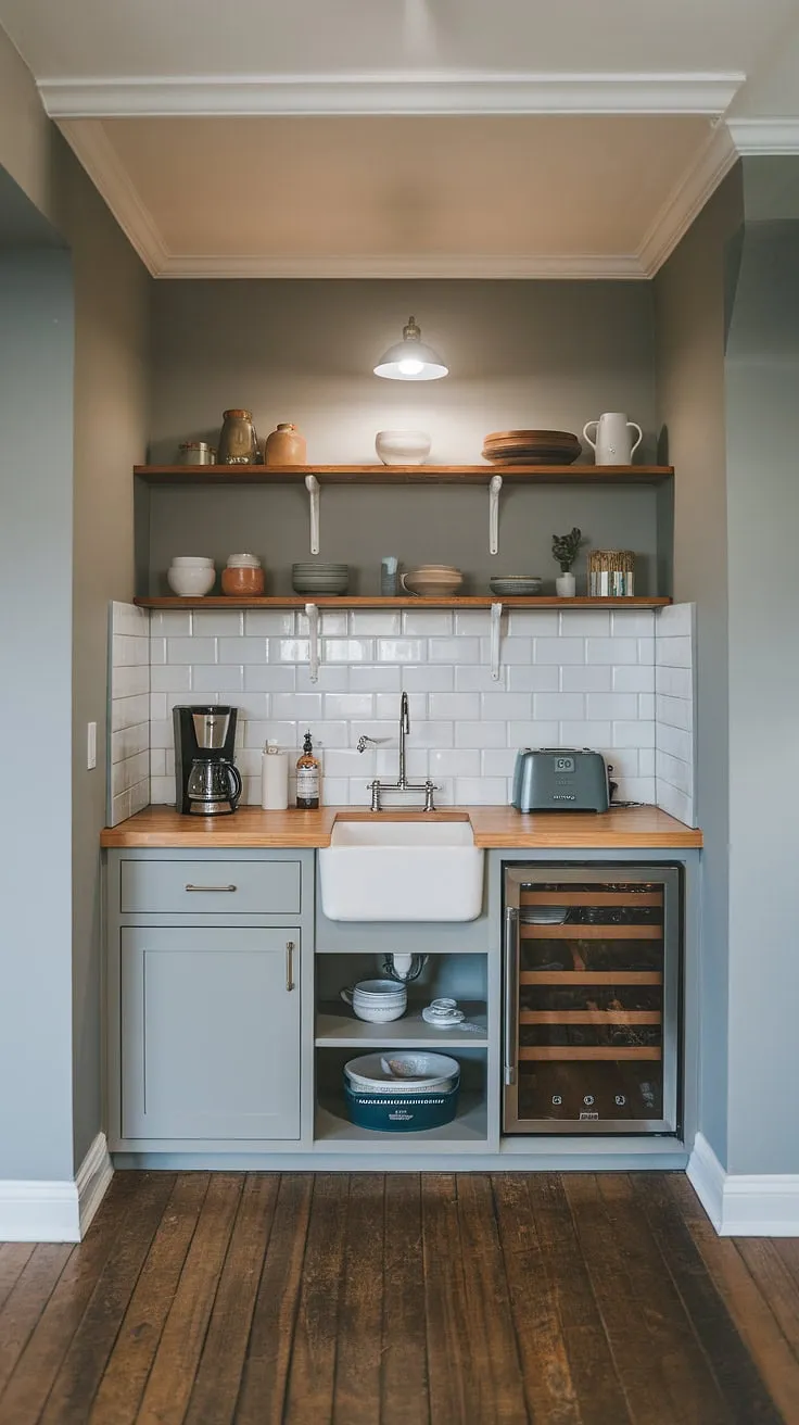 A stylish and functional small kitchen studio idea is showcased in this basement mini kitchen. The kitchenette bathroom combo potential is evident in its efficient layout, making it perfect for a kitchenette guest suite or even a master suite kitchenette. The design is inspired by hotel room kitchenette design, proving that even a small space can be luxurious. This mini kitchen is a testament to mini kitchens small spaces, easily adaptable as a living room kitchenette or a home office kitchenette. The simple grey walls and wooden floors complement the small space kitchenette, creating a calm and inviting atmosphere.