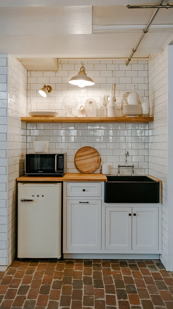 A stylish and efficient small space kitchenette, this basement mini kitchen offers inspiration for small kitchen studio ideas. The white cabinets and subway tile backsplash create a bright and airy feel, while the black sink and vintage light fixture add a touch of personality. Perfect for a master suite kitchenette, hotel room kitchenette design, or a kitchenette guest suite, this mini kitchen demonstrates how mini kitchens small spaces can be both functional and aesthetically pleasing. Consider this design for a living room kitchenette, home office kitchenette, or even a unique kitchenette bathroom combo.
