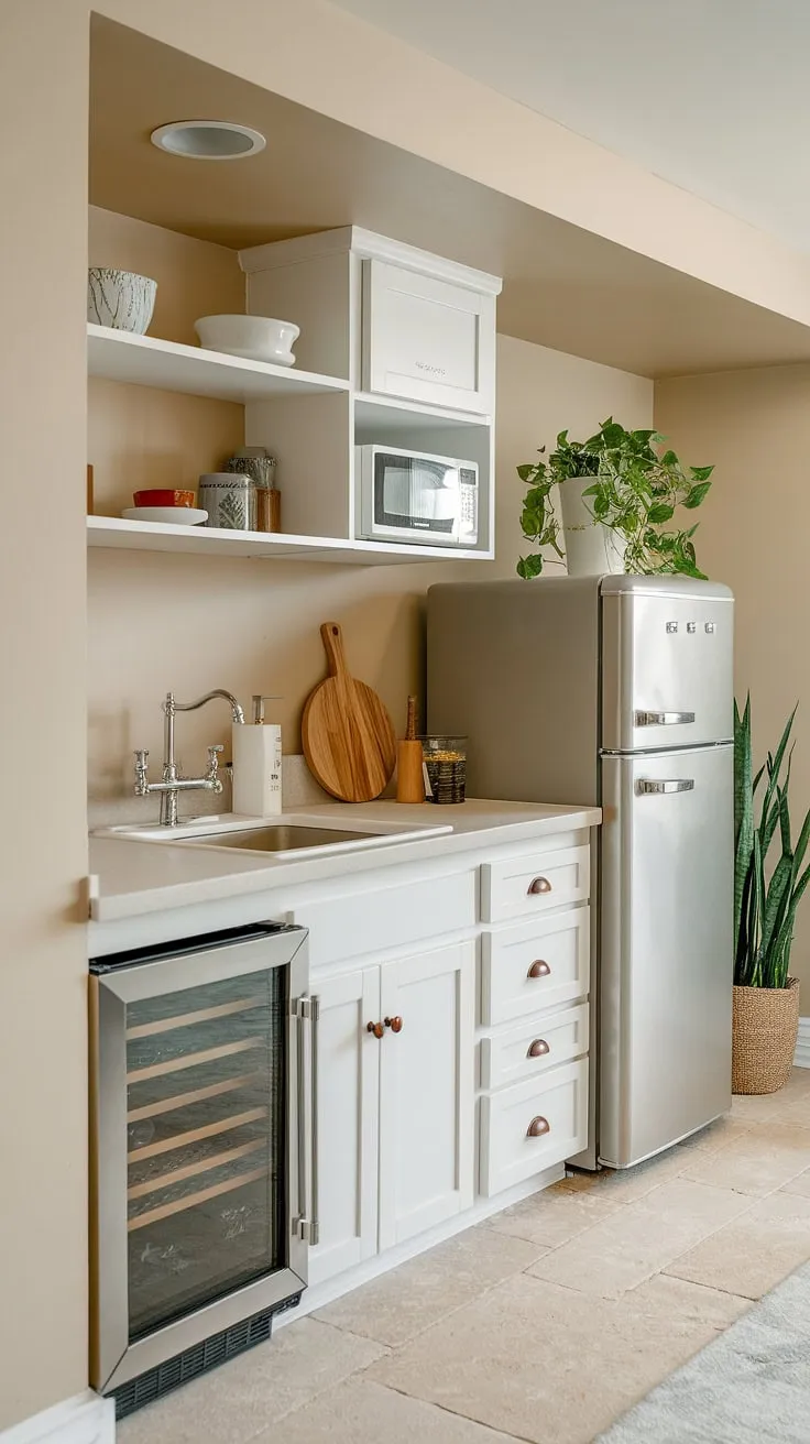 Cozy and complete: This basement mini kitchen proves that small space living can be stylish and functional. Perfect for small kitchen studio ideas, kitchenette guest suites, or even a master suite kitchenette.